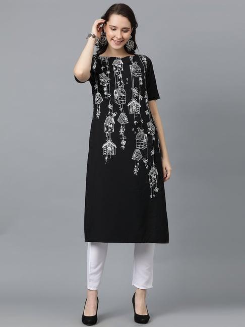 ziyaa black printed straight kurta