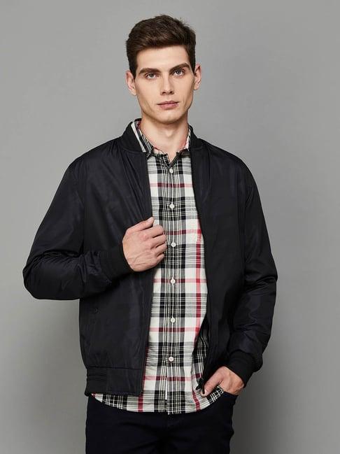 bossini black regular fit printed bomber jacket