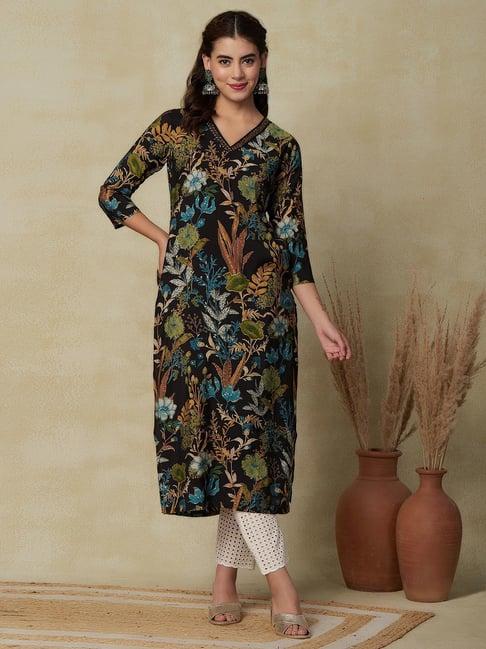 fashor black floral print straight kurta