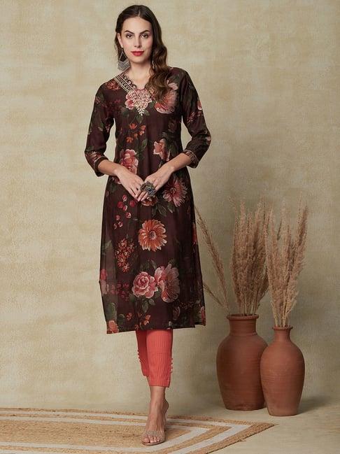 fashor brown floral print straight kurta