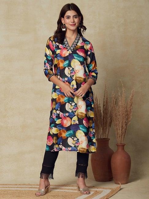 fashor black floral print straight kurta