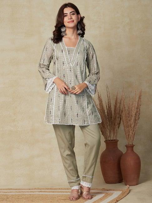 fashor beige cotton printed kurti pant set