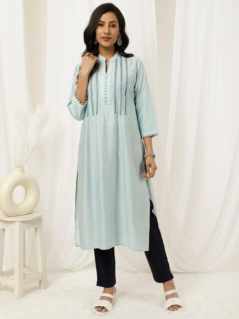 jaipur kurti light blue embroidered straight kurta