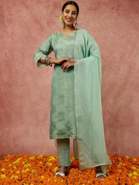 jaipur kurti green silk embellished kurta with pant & dupatta