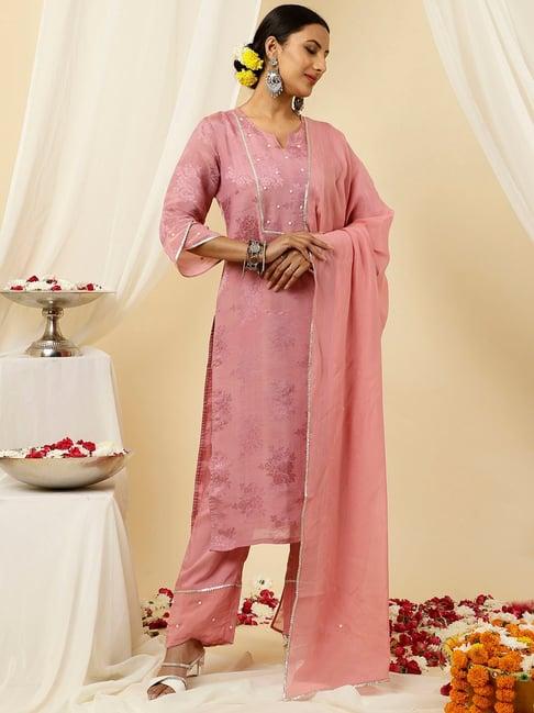 jaipur kurti lavender silk embellished kurta with pant & dupatta