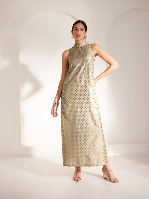 fablestreet beige & gold printed maxi dress