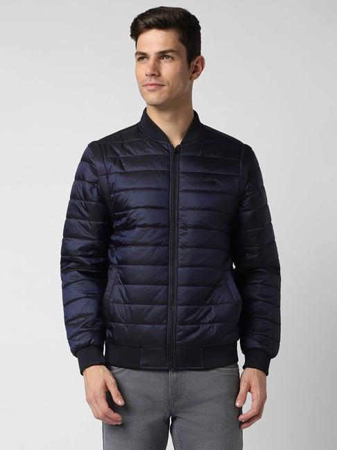 peter england casuals navy blue regular fit quilted bomber jacket