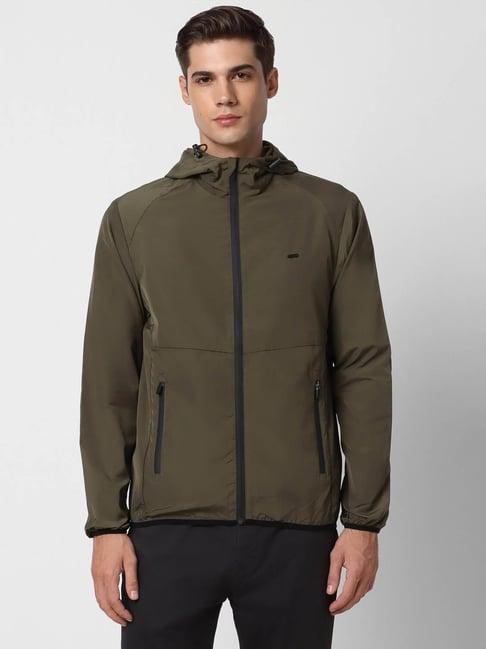 peter england casuals green regular fit hooded jacket