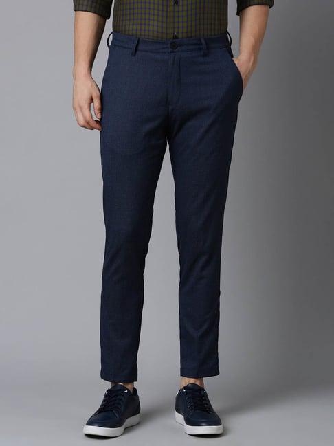 louis philippe sport indigo slim fit checks trousers