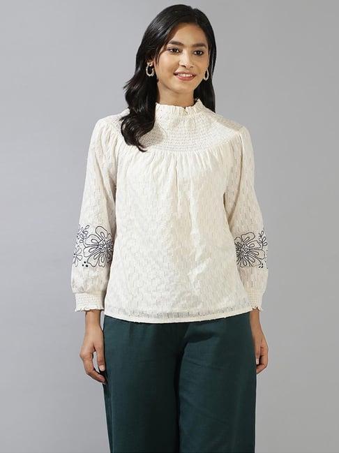 fabindia off-white cotton embroidered top