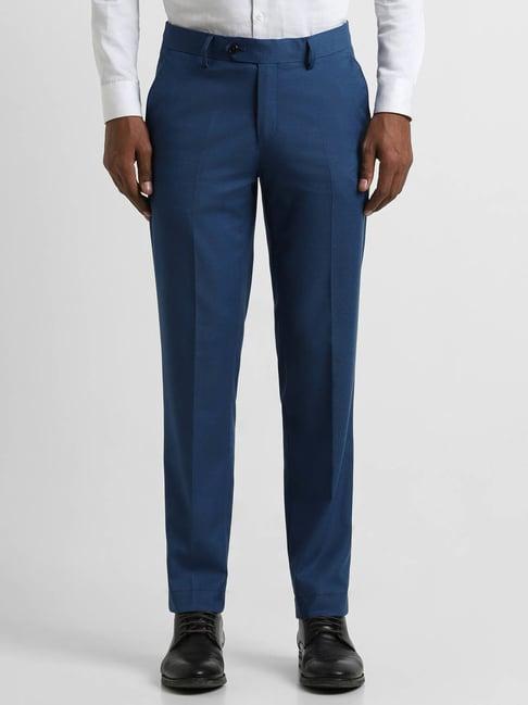 peter england elite blue slim fit texture trousers