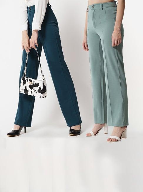 kotty teal & mint green straight fit high rise trousers (pack of 2)