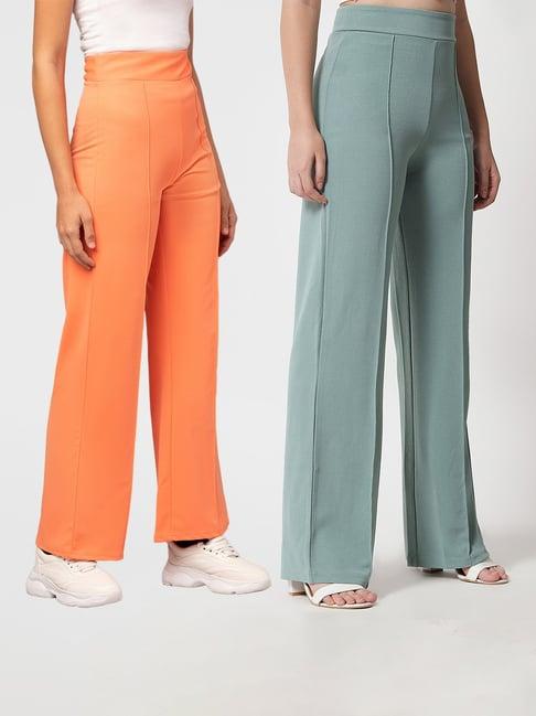 kotty orange & green straight fit high rise trousers (pack of 2)