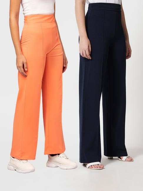 kotty orange & navy solid high rise trousers (pack of 2)