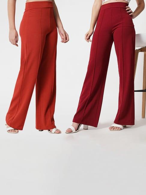 kotty rust & red solid high rise trousers (pack of 2)