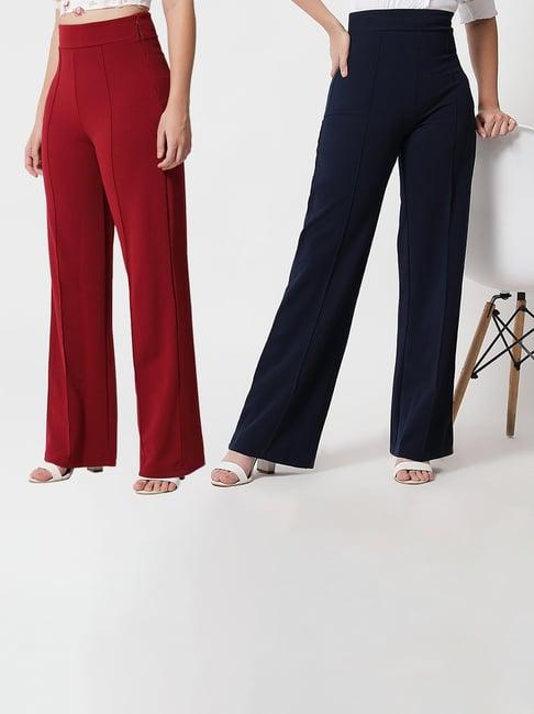 kotty red & navy solid high rise trousers (pack of 2)