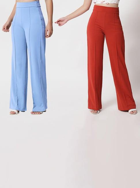 kotty blue & orange solid high rise trousers (pack of 2)