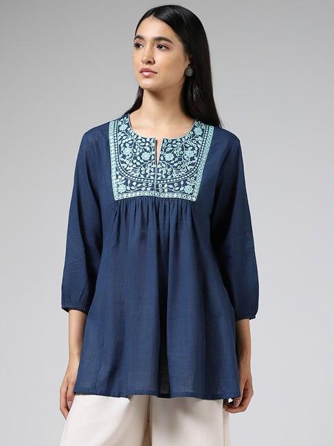 utsa by westside indigo mirror embroidered gathered kurti