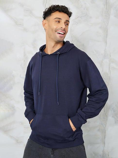 styli navy relaxed fit printed cotton hooded sweatshirt