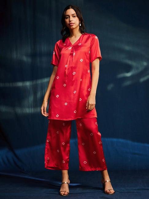 pink fort red printed tunic & pant set