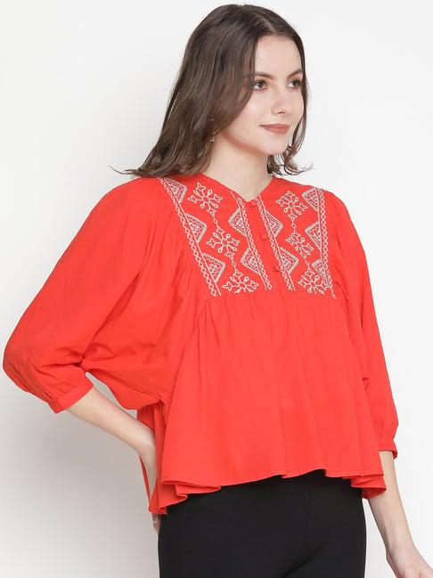 oxolloxo orange cotton embroidered top