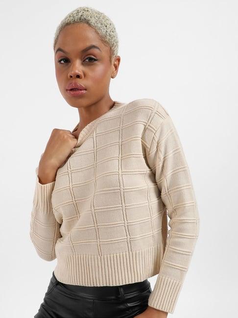 campus sutra beige chequered sweater