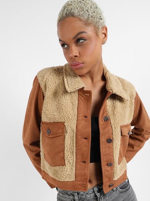 campus sutra brown & beige color-block jacket