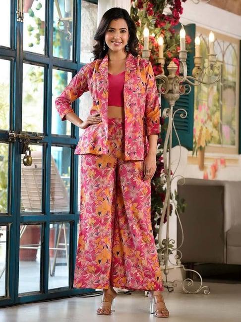 yufta hot pink floral print crop top palazzo set with jacket