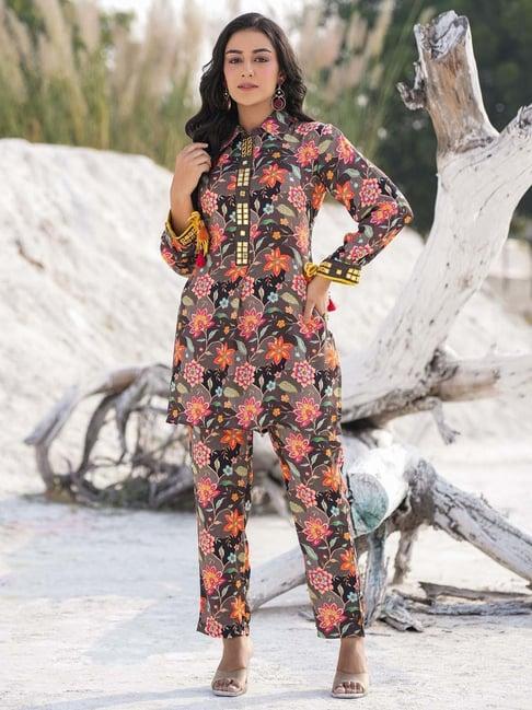 yufta black floral print kurti pant set