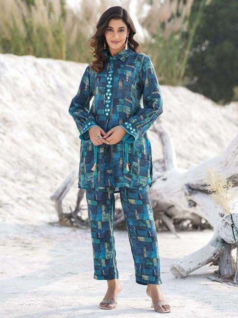 yufta blue printed kurti pant set