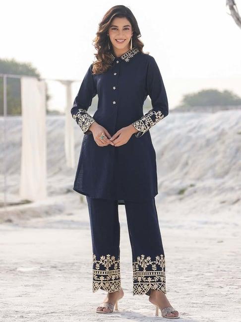 yufta navy embroidered kurti pant set