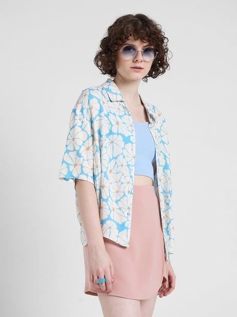 only light blue & white viscose floral print shirt