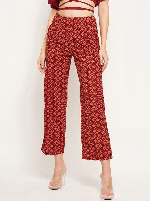 madame red printed regular fit mid rise trousers