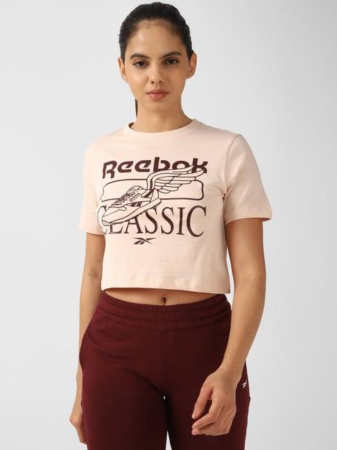 reebok beige cotton printed crop top