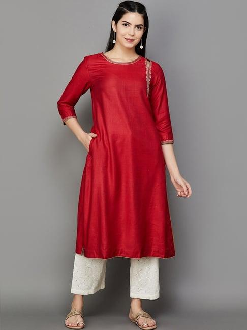 melange by lifestyle red embroidered a line kurta