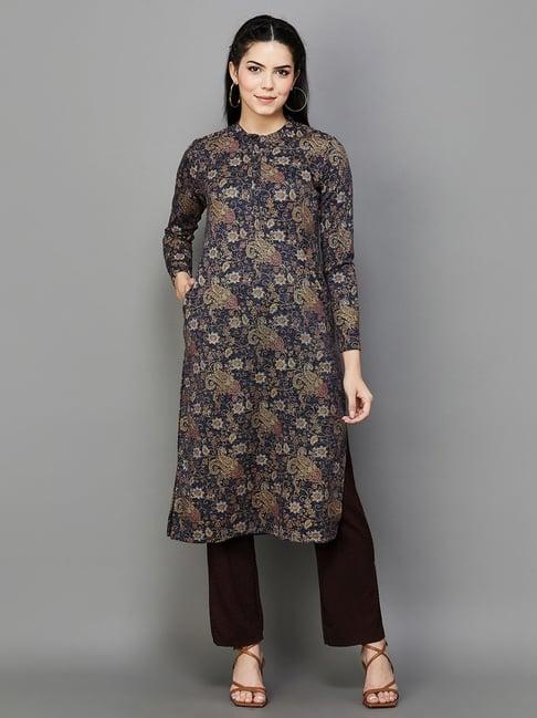 melange by lifestyle navy printed straight kurta