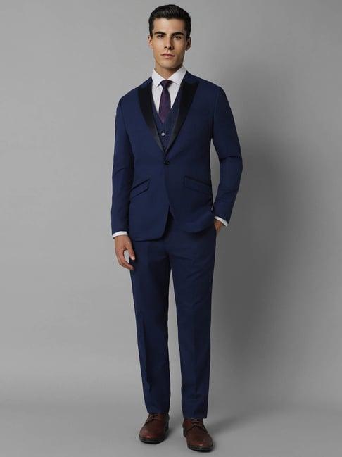 louis philippe navy slim fit checks three piece suit