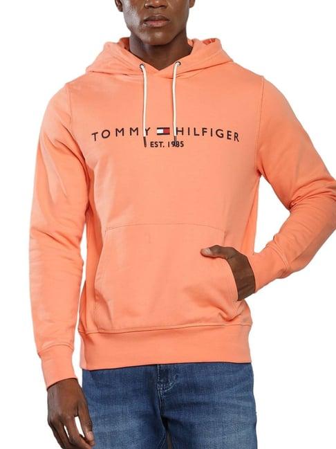 tommy hilfiger peach dusk cotton regular fit logo printed hooded sweatshirt