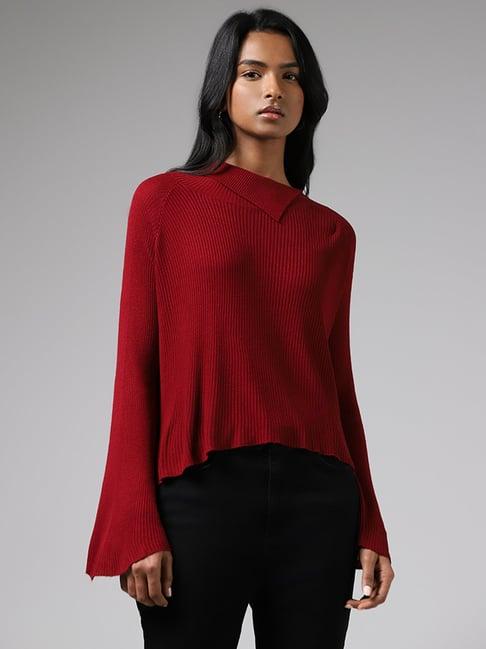 lov by westside maroon asymmetrical collar sweater