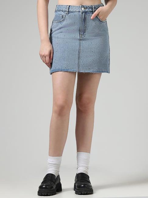 nuon by westside light blue embellished denim mini skirt