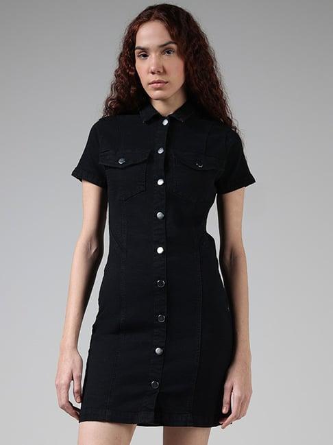 nuon by westside solid black button down denim dress