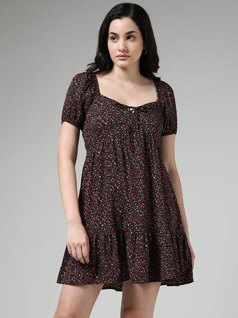 nuon by westside ditsy floral printed black tiered dress