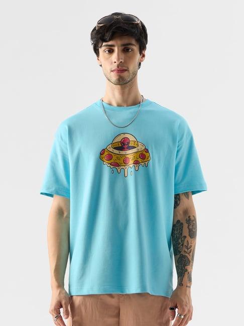 the souled store alien invasion: pizza blue loose fit oversized crew t-shirt