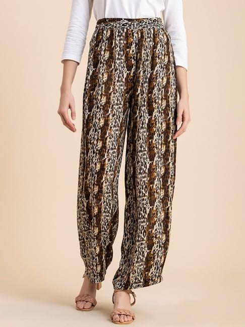 moomaya beige & brown printed high rise palazzos