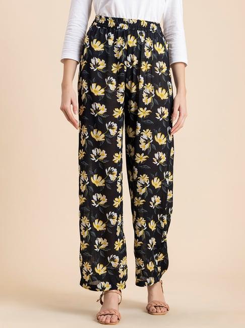 moomaya black & yellow floral print high rise palazzos