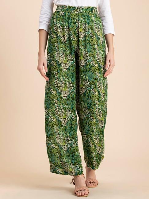 moomaya green printed high rise palazzos