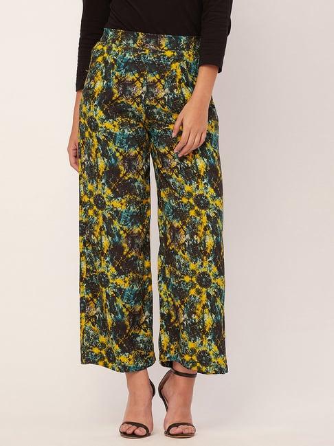 moomaya black & yellow printed mid rise culottes