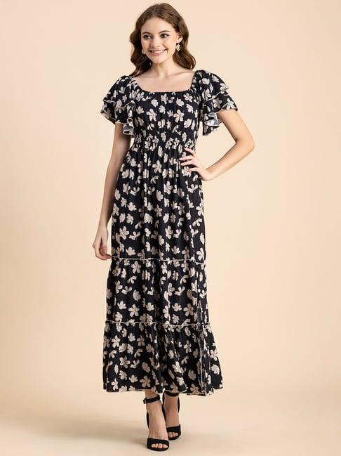 moomaya black & white floral print maxi dress