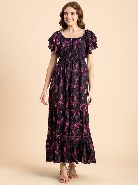 moomaya black & pink floral print maxi dress