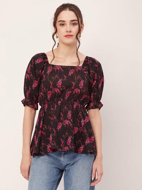 moomaya black & pink floral print peplum top